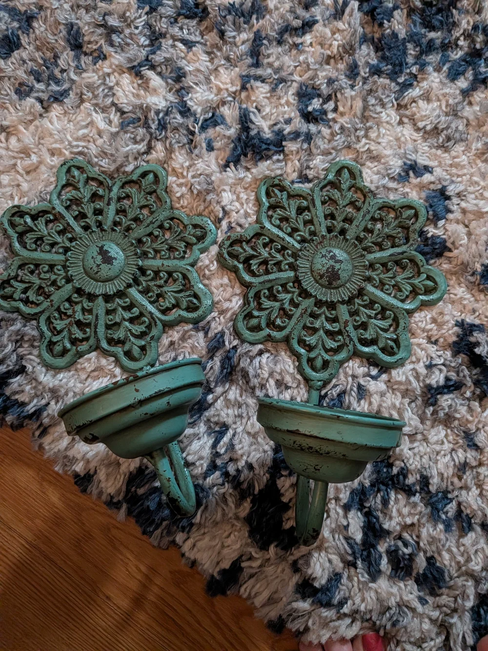 Rustic Green Floral Metal Wall Hooks - Set of 2 Vintage Cast Iron
